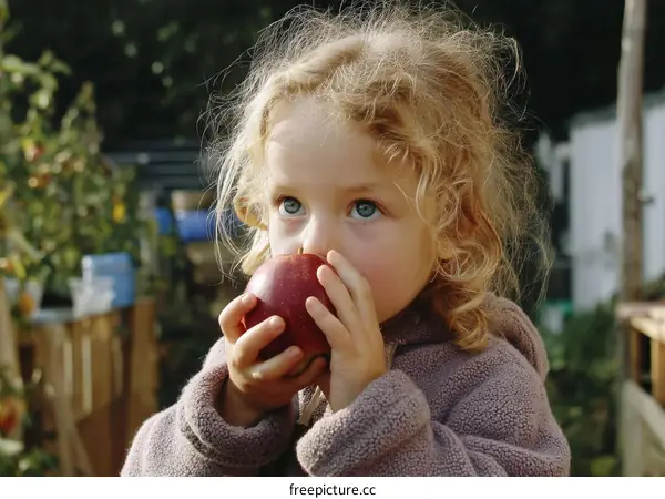 Adorable Child Eating a Red Apple Outdoors