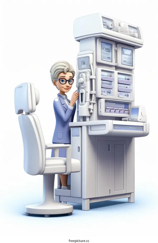 A female doctor or researcher in a lab coat uses a high-tech machine