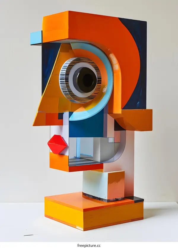 A wooden sculpture with bright colors