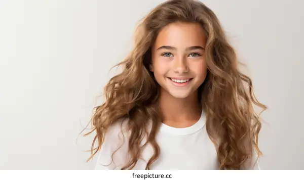 Portrait of a beautiful blonde girl with blue eyes smiling