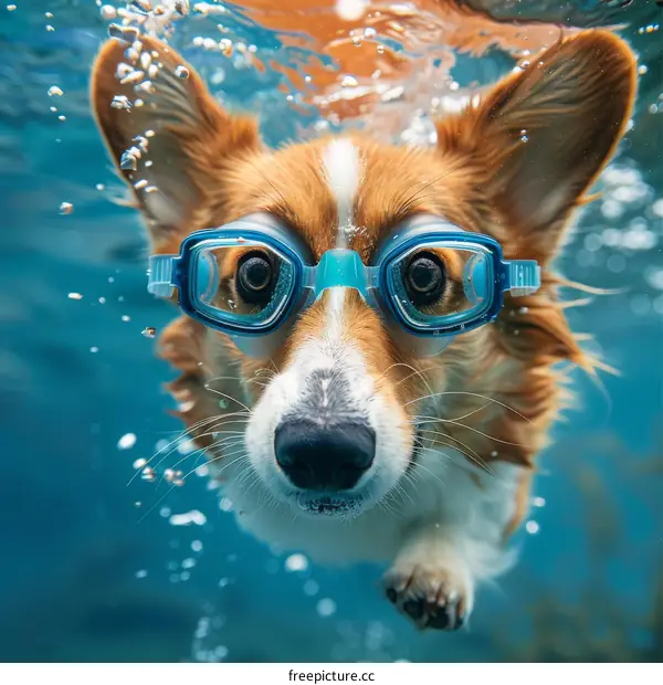 A cute corgi dog wearing swimming goggles swims underwater