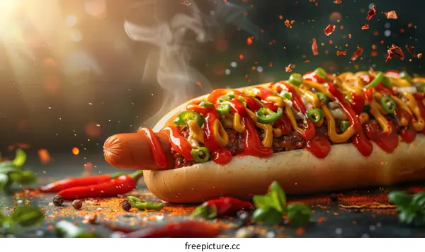 Hotdog with chili, mustard and jalapenos