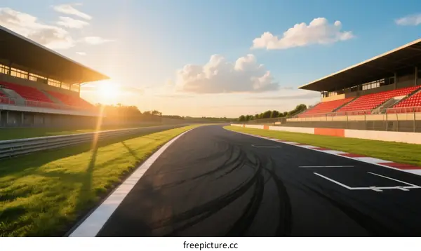 Sunlit Race Track with Green Grass and Empty Stands