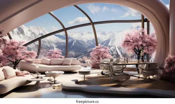 futuristic mountain home interior living room with large windows