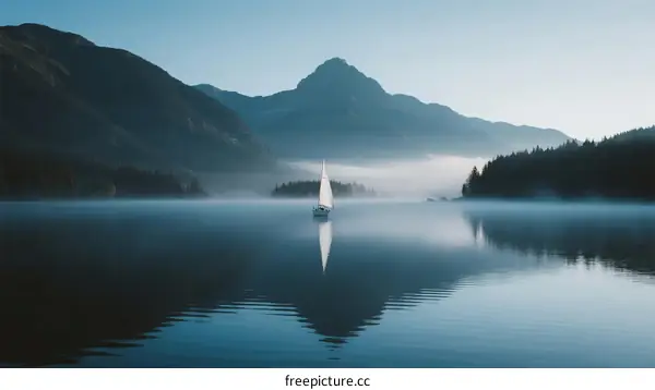 Peaceful morning scene with sailboat on mountain lake