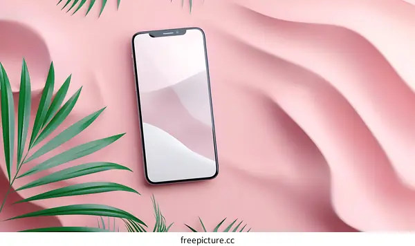 Mobile Phone Mockup with Pink Background and Palm Leaves