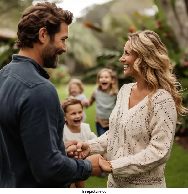 Happy family of four in a garden