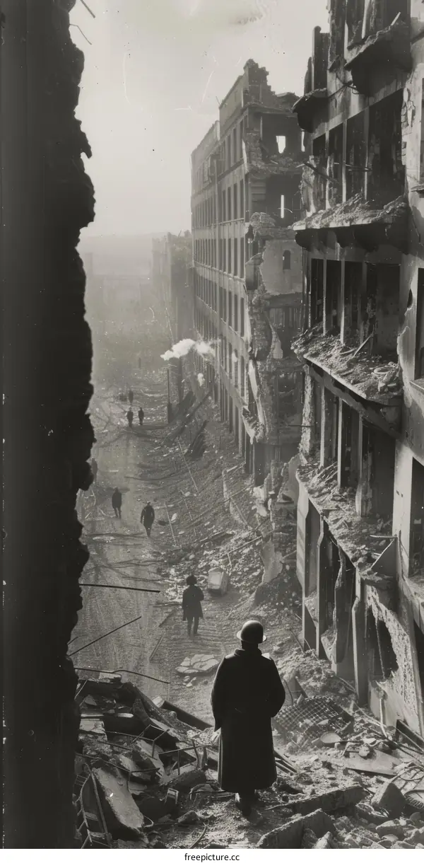 A lone soldier stands amid the ruins of a city destroyed by war