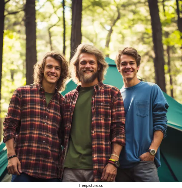 Three young men camping in the woods