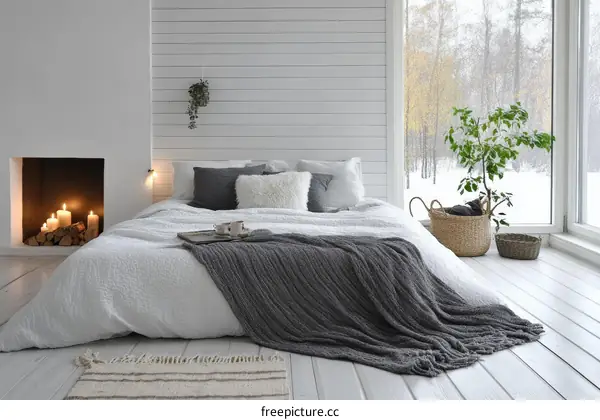 Cozy Modern Bedroom with Fireplace and Winter Window View