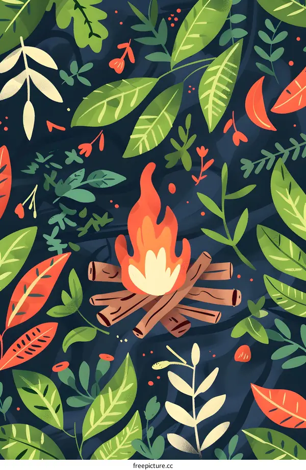 Campfire Illustration With Leaves And Branches