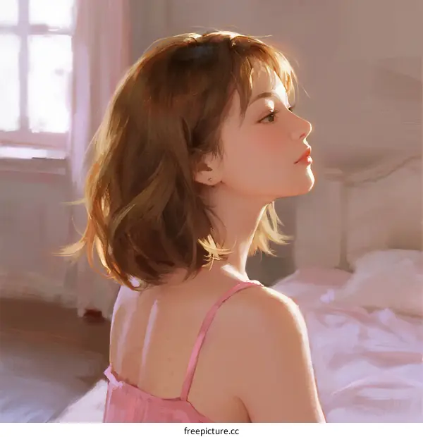 A Young Woman with Short Hair Wearing Pink Lingerie in Bedroom