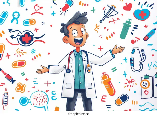Happy cartoon doctor with medical symbols
