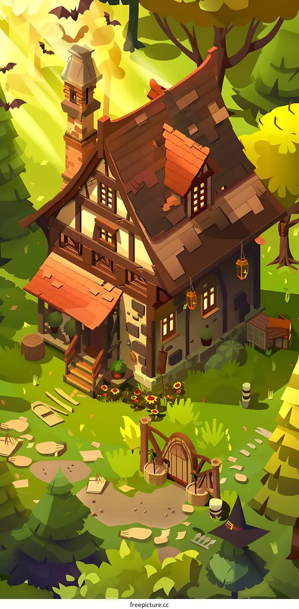 Cartoon Illustration of a Cozy House in the Woods