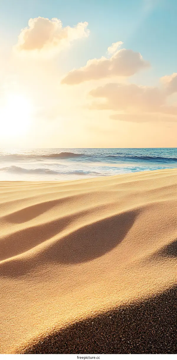 Golden Sand Beach with Blue Sky and Ocean