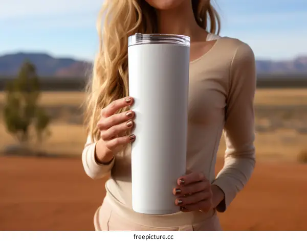 Outdoor photoshoot of a blonde woman in beige clothes holding a white tumbler