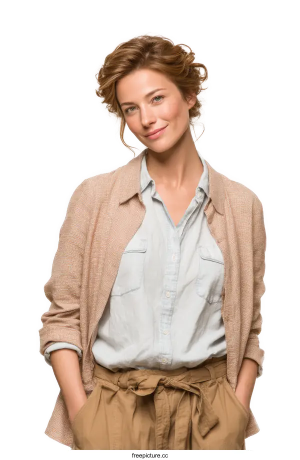 [Transparent Background PNG]Elegant Woman in Beige and Light Blue Outfit