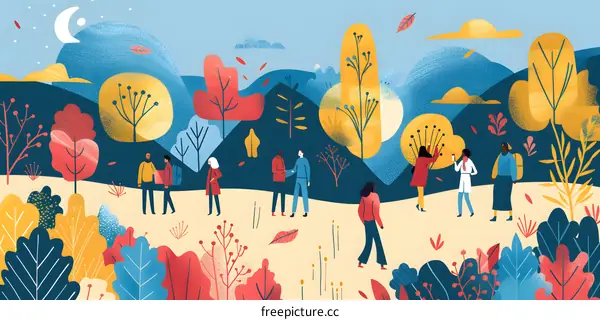 People Walking Through Colorful Forest