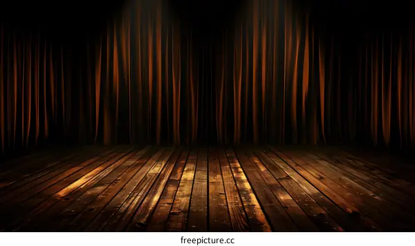 Dark Stage with Wooden Floor and Brown Curtains