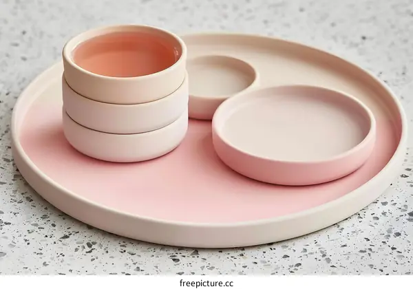 Pink and White Ceramic Plates Stacked on a Table