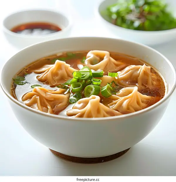 A bowl of wonton soup with green onions