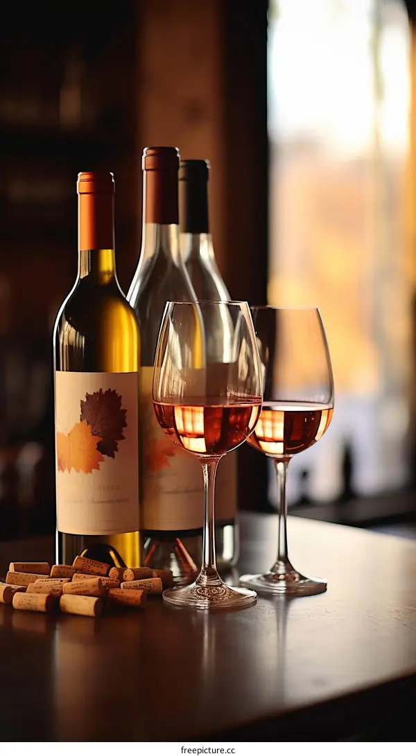 Three bottles of wine and two glasses of rose wine on a wooden table