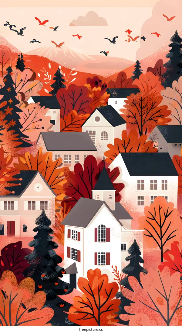 Autumn Village Illustration with Red and Orange Leaves