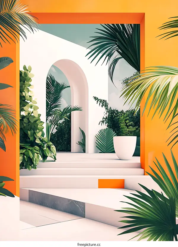 Tropical Minimalist Architecture with Orange Walls and Palm Trees