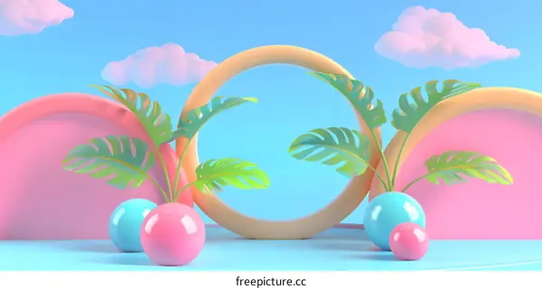 Tropical Summer 3D Background With Green Leaves And Blue Sky