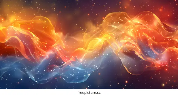 Abstract Wavy Orange And Blue Light Effect With Stars