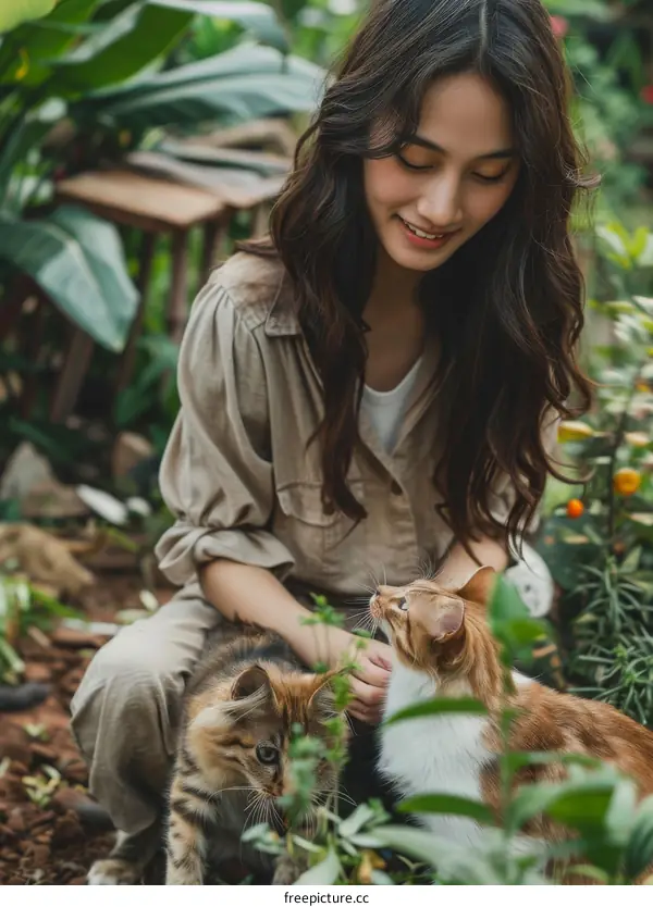 A young woman is petting two cats in a garden.