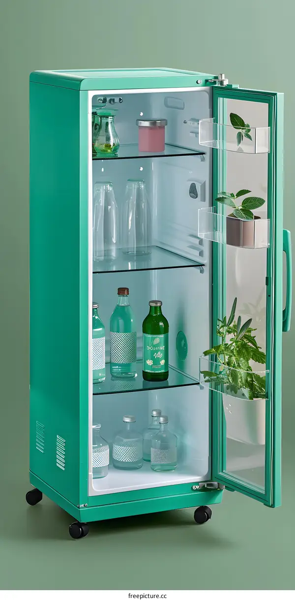 Green Mini Refrigerator with Open Door and Plants Inside