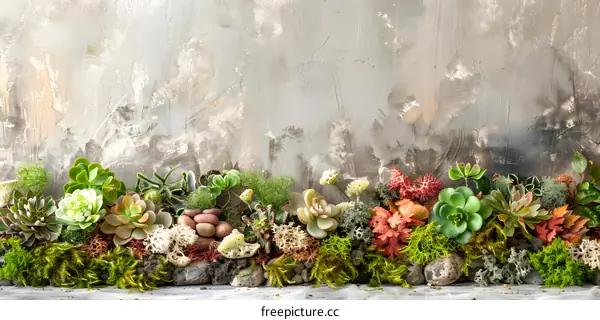 Succulent Plants and Stones on Concrete Wall Background