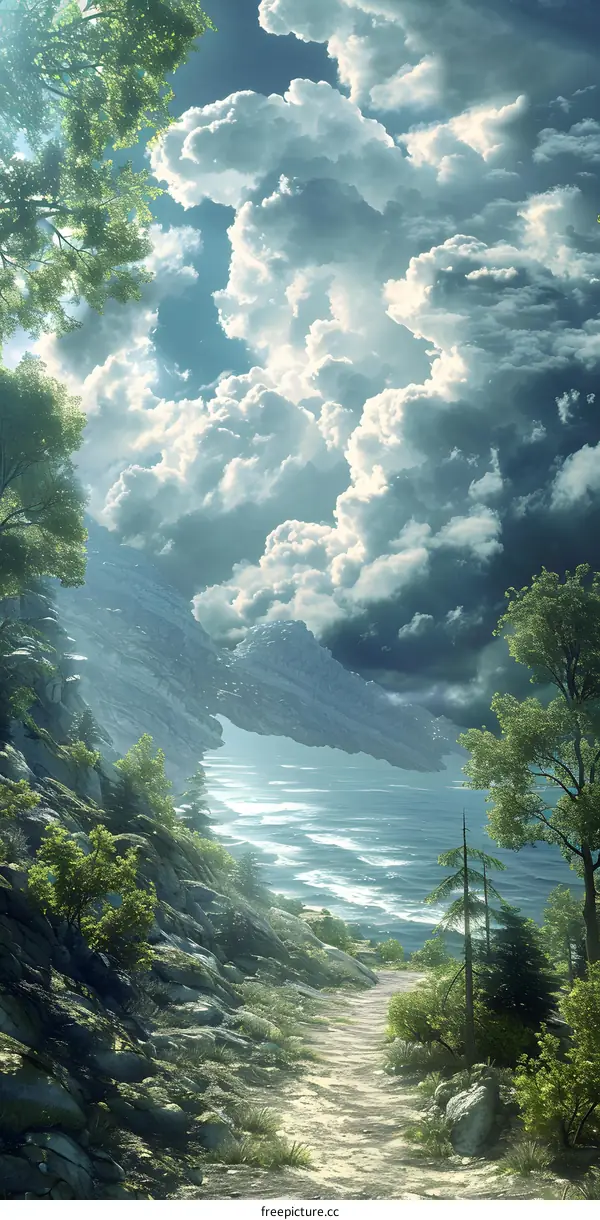 The path in the forest on the cliff