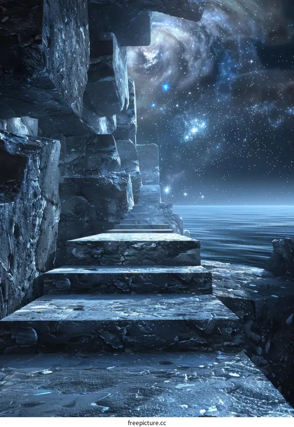 Fantasy landscape with stone steps leading to a body of water under a starry night sky