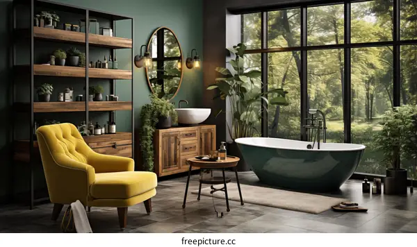 Bathroom With Green Bathtub and Yellow Armchair