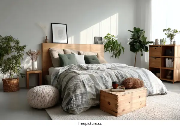 Cozy Bedroom with Wooden Furniture and Plants