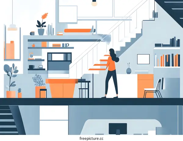Modern Minimalist Illustration of Woman in a Loft Apartment with a Staircase