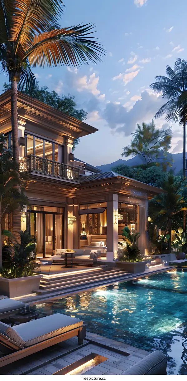 A luxurious villa with a pool and a stunning mountain view