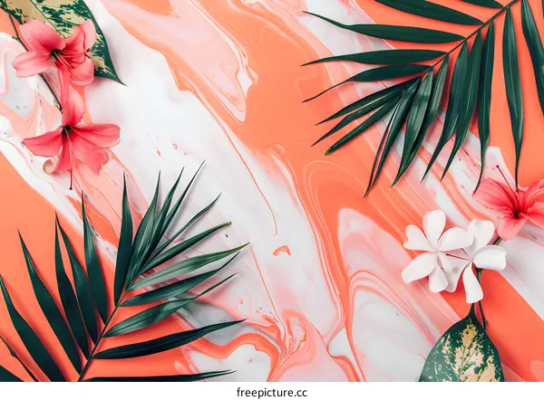 Tropical Floral Background with Coral and White Swirls