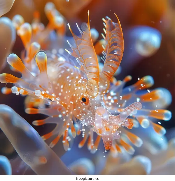 Underwater photography of a tiny orange and white sea slug