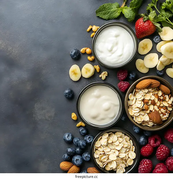 Healthy Breakfast Ingredients: Yogurt, Oatmeal, Berries and Banana Slices