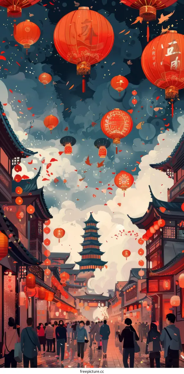 A lively Chinese street scene during the Lantern Festival