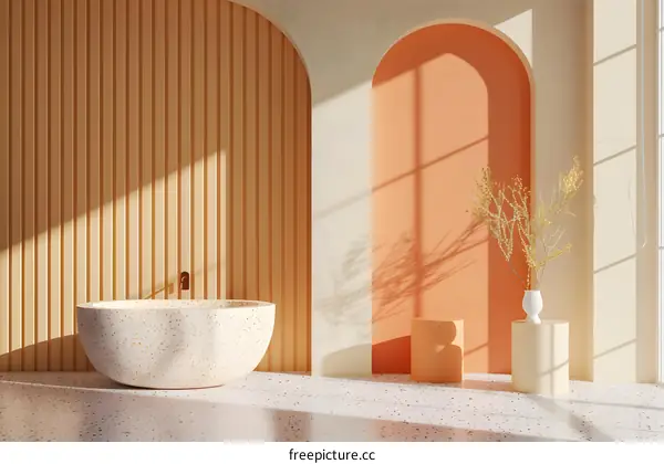 Minimalist Bathroom Interior Design With Terrazzo Bathtub And Sunlight