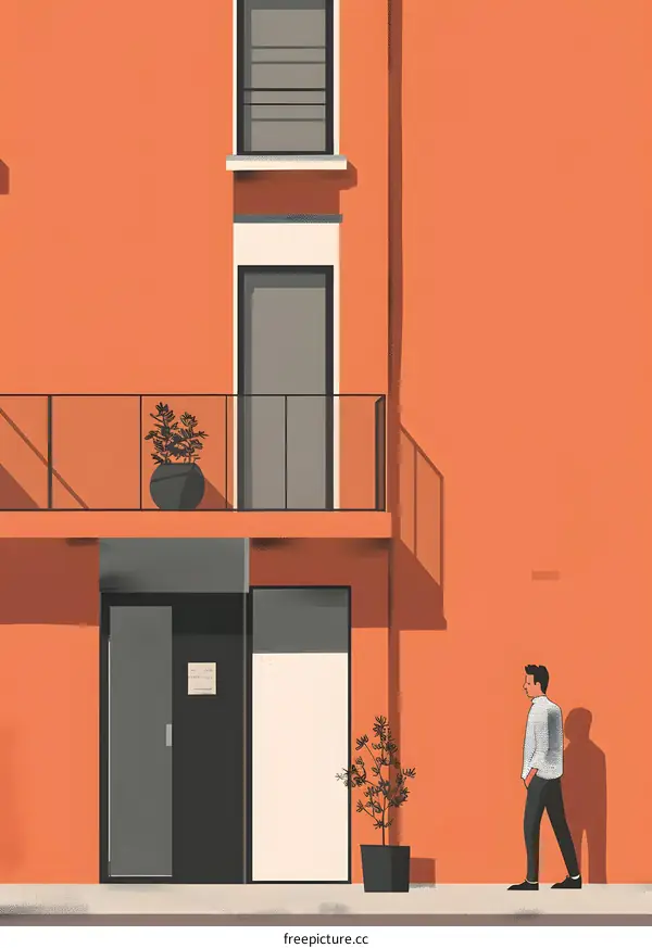 Man Walking by Orange Building with Balcony