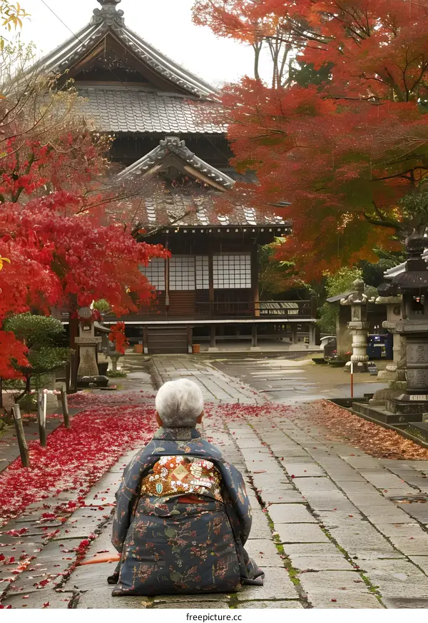 Japanese Woman in Kimono Sitting in Front of Traditional Temple
