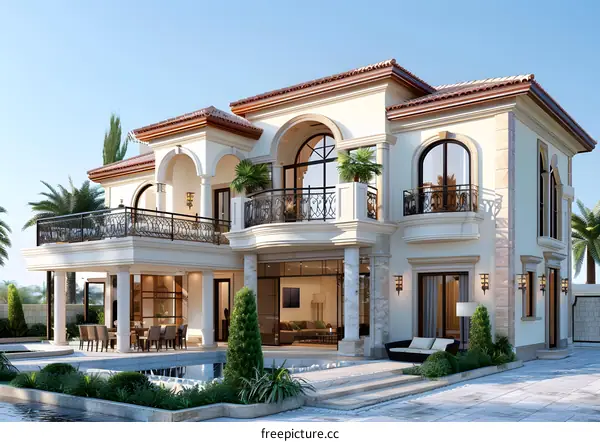 A luxurious two-story house with a pool and a terrace