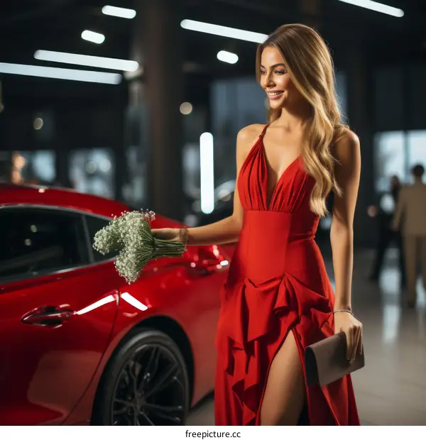 Elegant woman in red dress posing with bouquet near luxury car