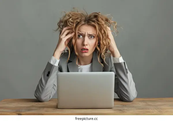 Shocked businesswoman looking at laptop screen with hands in hair