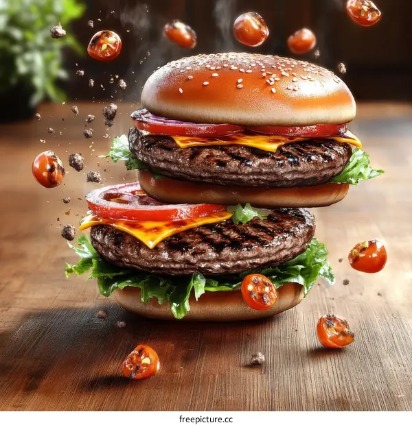 Delicious Double Cheeseburger with Flying Toppings